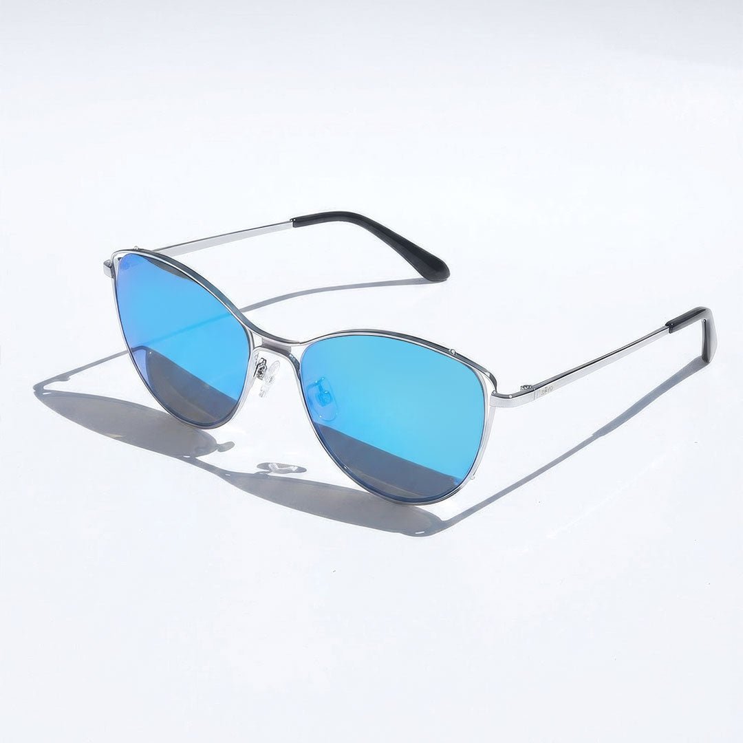Aviator sunglasses with a silver frame and blue mirrored lenses