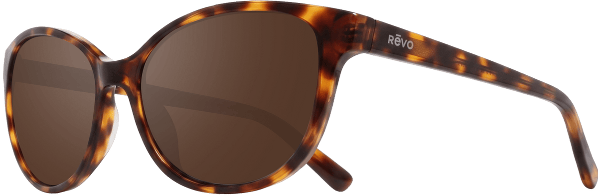 Ginger tortoise shell cat-eye sunglasses with brown lenses and REVO logo on the temple
