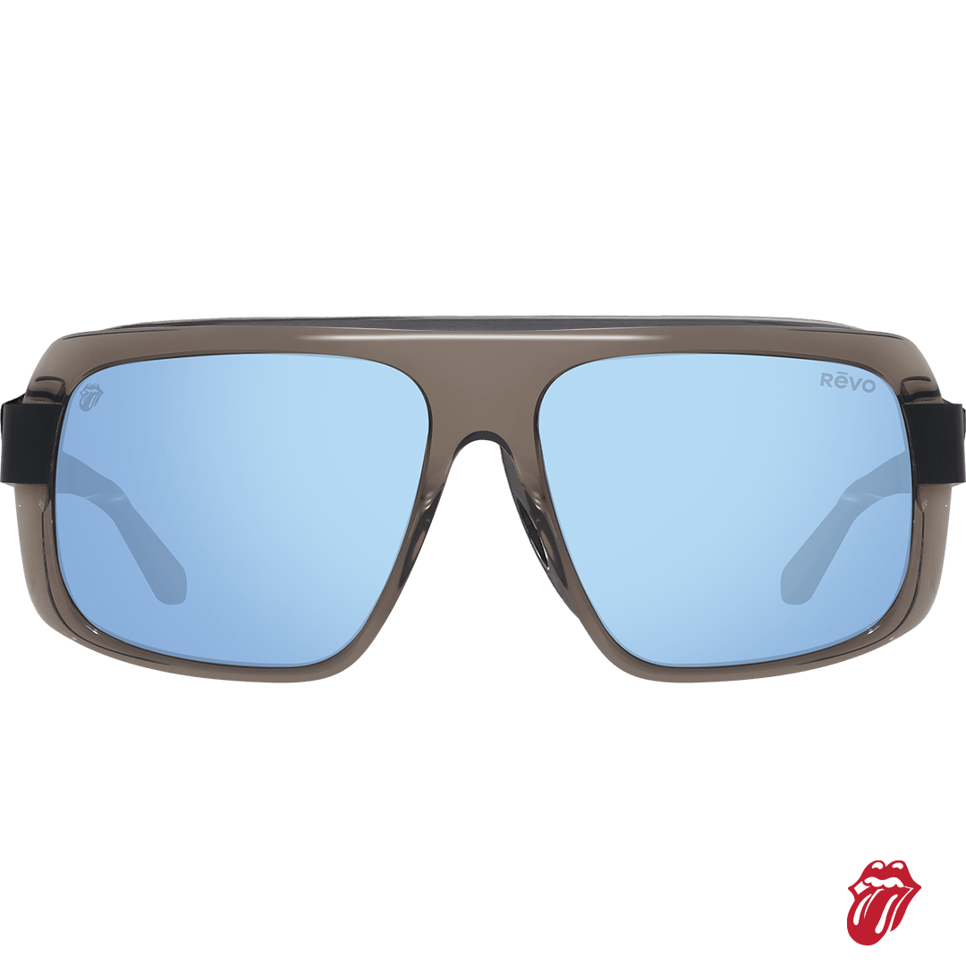 Brown navigator sunglasses with blue mirrored lenses and Revo branding