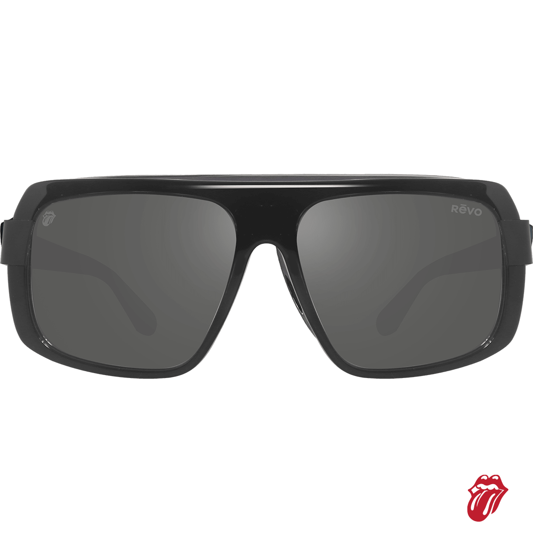 Black oversized navigator sunglasses with dark gray lenses and Rolling Stones detailing
