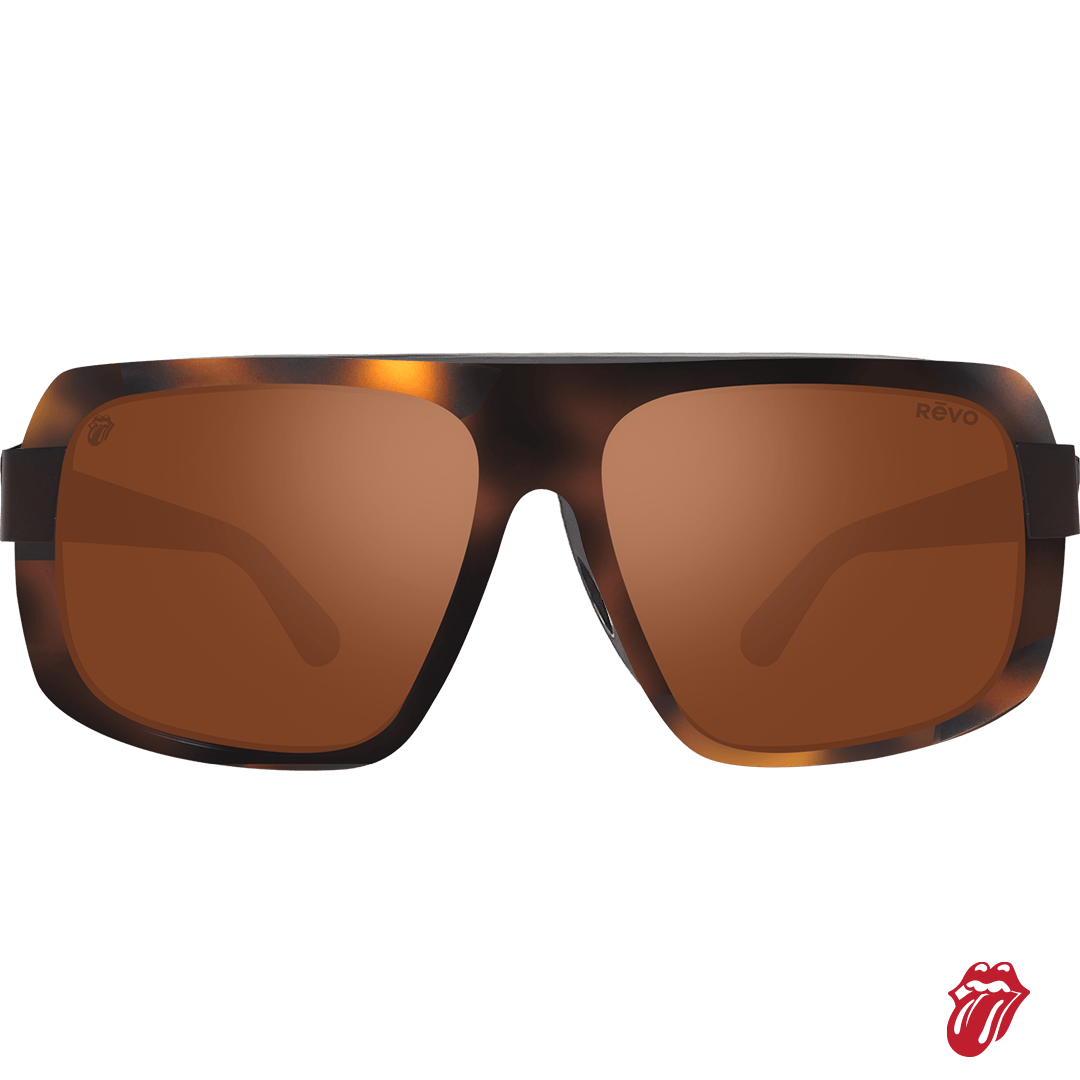 Front view of Heartbreaker sunglasses in tortoiseshell acetate with orange polarized lenses and Rolling Stones detailing.