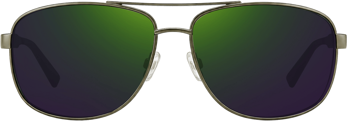 A pair of aviator-style sunglasses with a thin silver metal frame and green-to-purple mirrored lenses, shown against a solid green background.