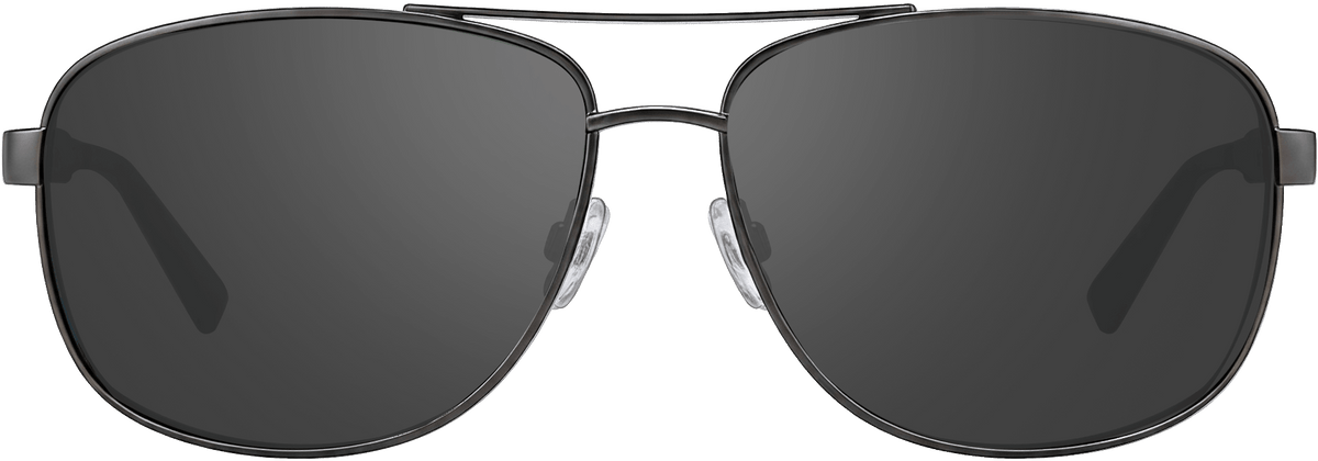 A pair of aviator-style sunglasses with a thin silver metal frame and dark gray lenses, shown against a solid green background.