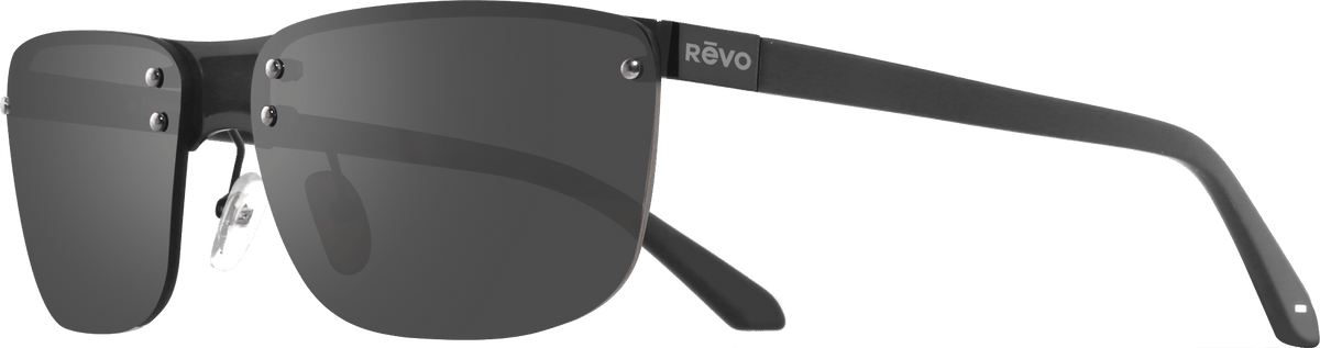 Lex rimless sunglasses with dark gray lenses and a lightweight frame, Revo logo on the temple