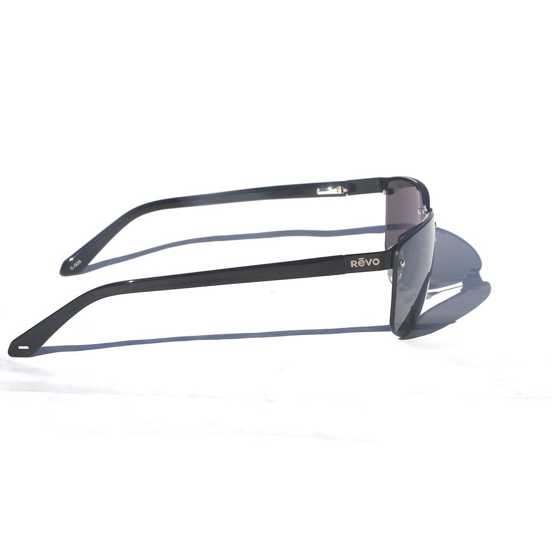 Lex sunglasses side view showcasing slim black arms and Revo branding on temple