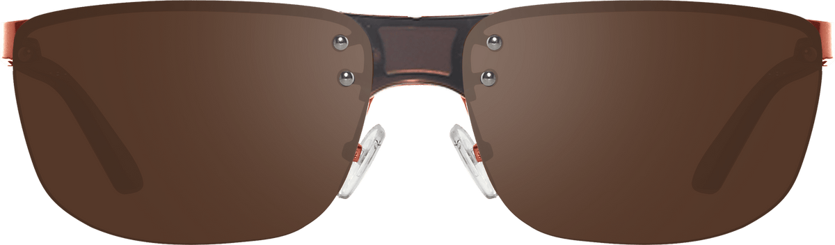 Lex rimless sunglasses with brown lenses, copper-toned bridge, and adjustable nose pads.