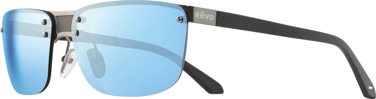 Lex sport sunglasses with blue mirrored shield lenses, a matte black frame, and REVO branding on the temple.
