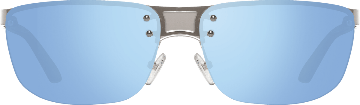 Front view of Lex rimless sunglasses with blue mirrored lenses.