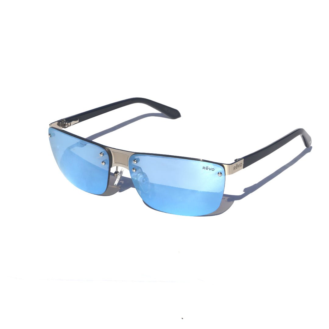 Lex sunglasses with blue mirrored lenses and a slim frame shown on a white background