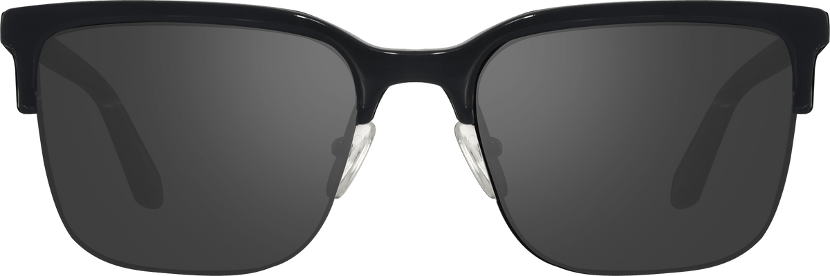 Black square sunglasses with dark gray lenses, shown from the front against a solid green background.