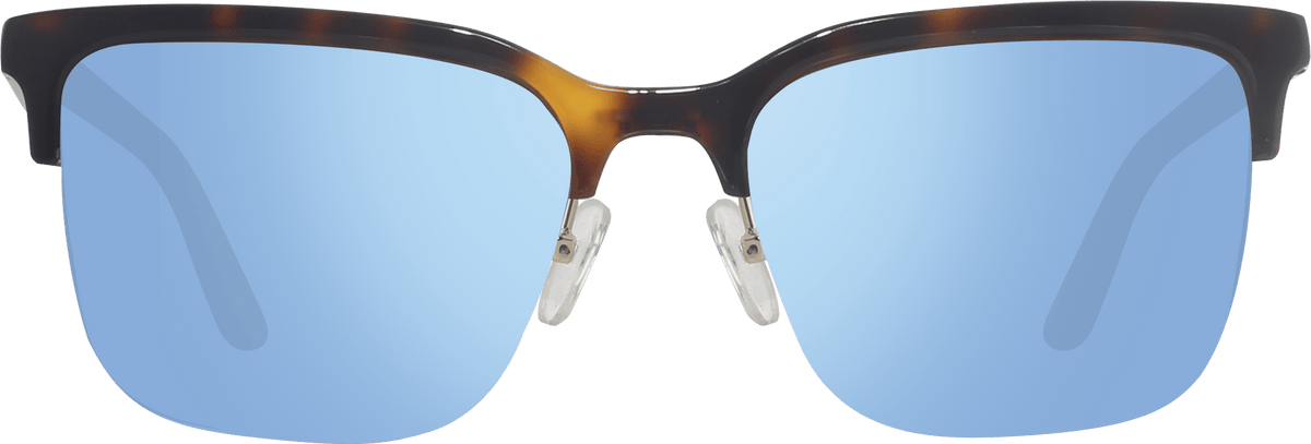 Oversized square sunglasses with a dark tortoiseshell frame and light blue mirrored lenses, shown against a solid green background.