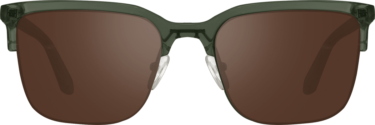 A pair of square-frame sunglasses with dark brown tinted lenses and a translucent dark gray-green frame, shown against a solid green background.