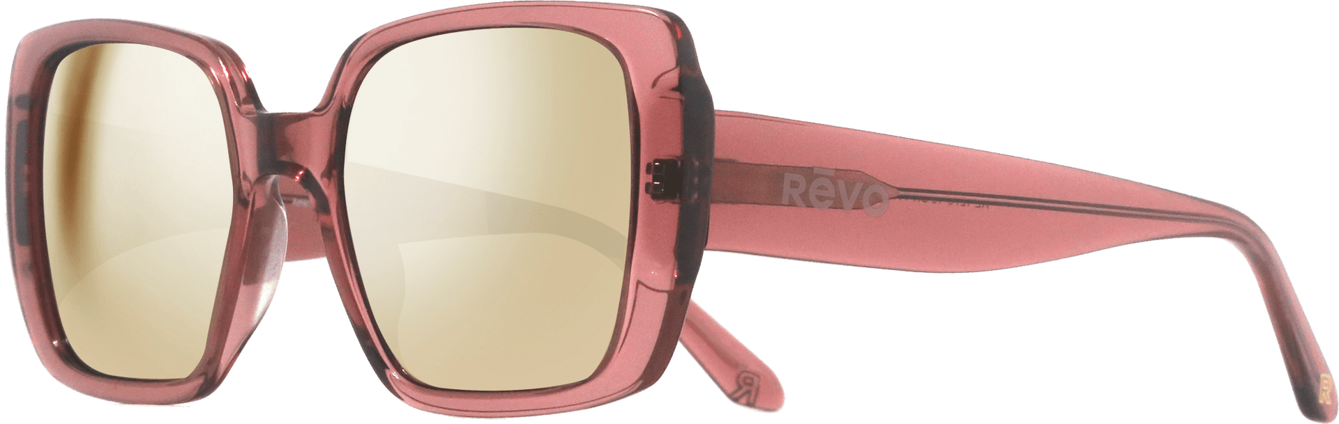Pink sunglasses with gold lenses on a white background