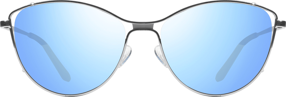 Sunglasses with blue lenses and silver frames on a transparent background