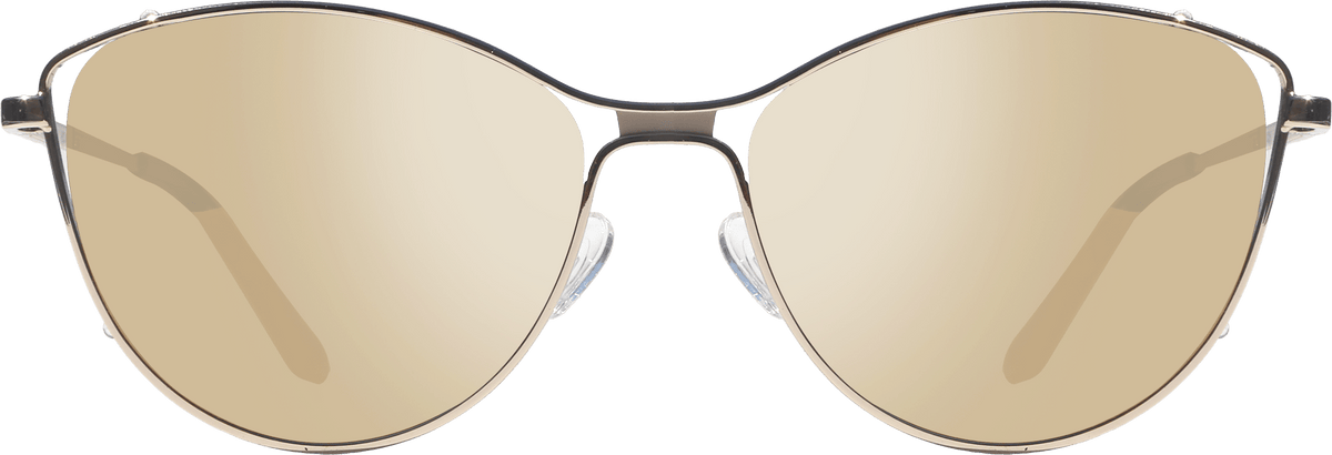 Gold-framed sunglasses with reflective lenses on a transparent background