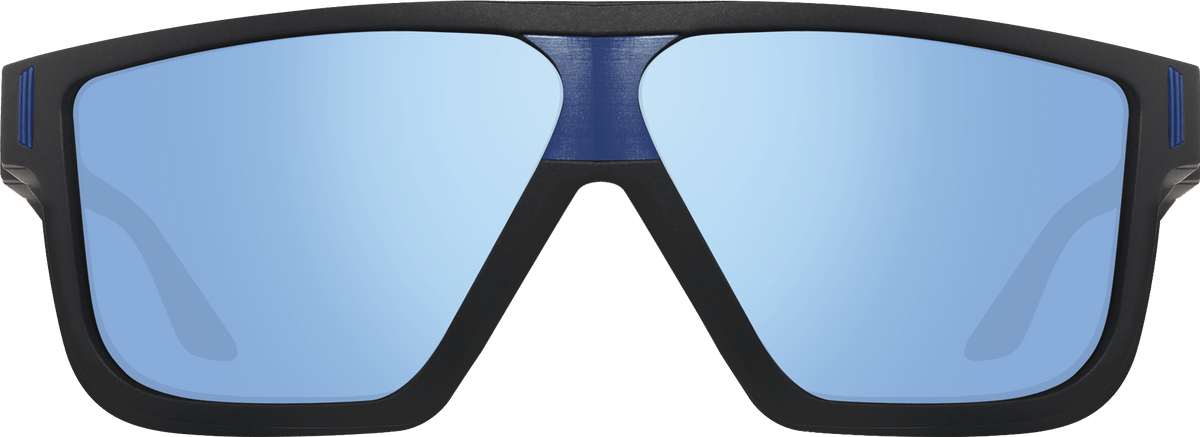 Front view of Blaze oversized wrap sunglasses with black frame and light blue mirrored lenses