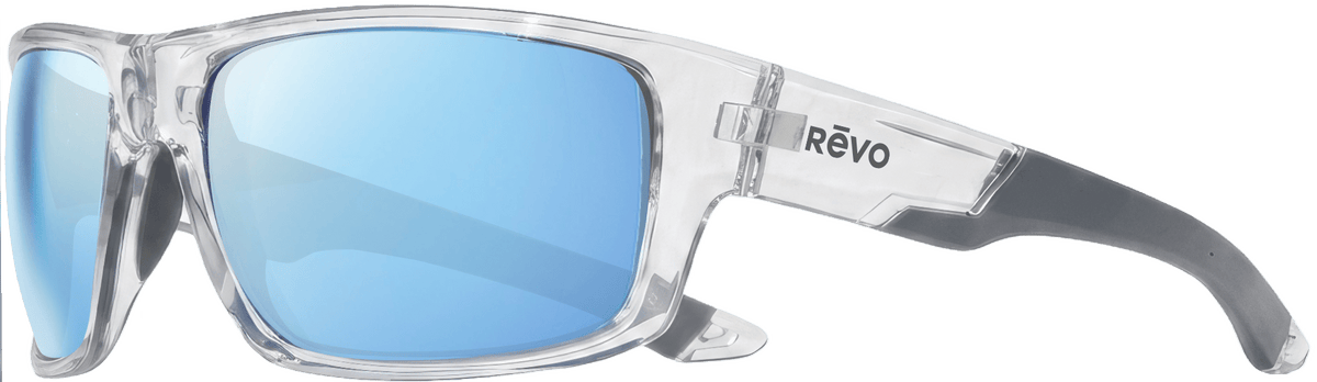 Clear frame sunglasses with blue lenses on a green background