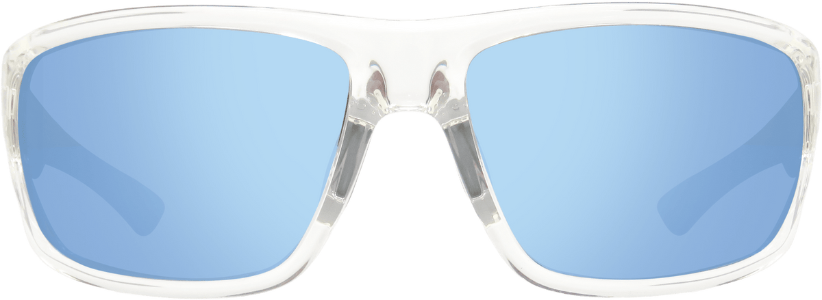 Sunglasses with blue lenses and clear frame on a transparent background