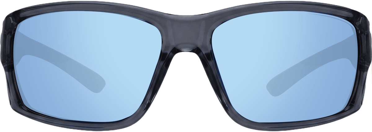 Sunglasses with black frame and blue lenses on a transparent background