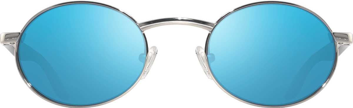 Vintage Oval sunglasses with blue mirrored lenses and a slender silver frame