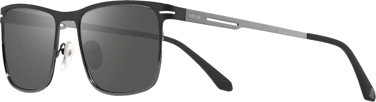 Roman sunglasses side view showing a slim metal temple with Revo branding and gray lenses.