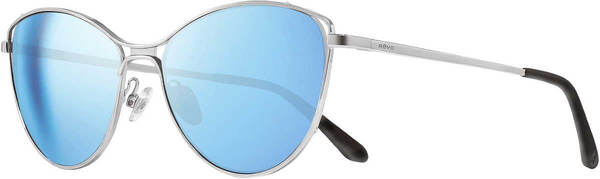 Sunglasses with blue lenses and silver frame on a transparent background