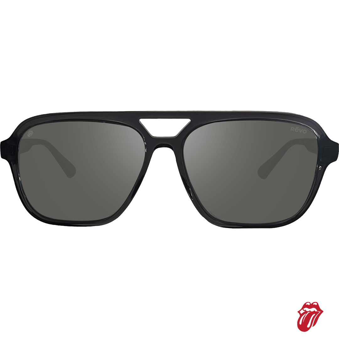 Undercover sunglasses with a black frame and dark gray lenses featuring the Rolling Stones tongue motif on the lens and temple tips